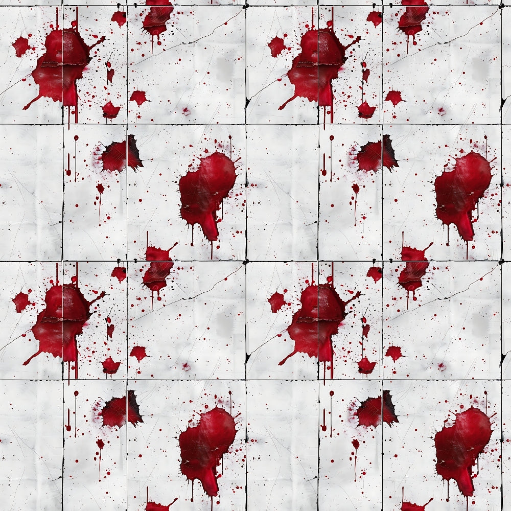 A pattern of red paint splatters on a white background, arranged in a grid layout.