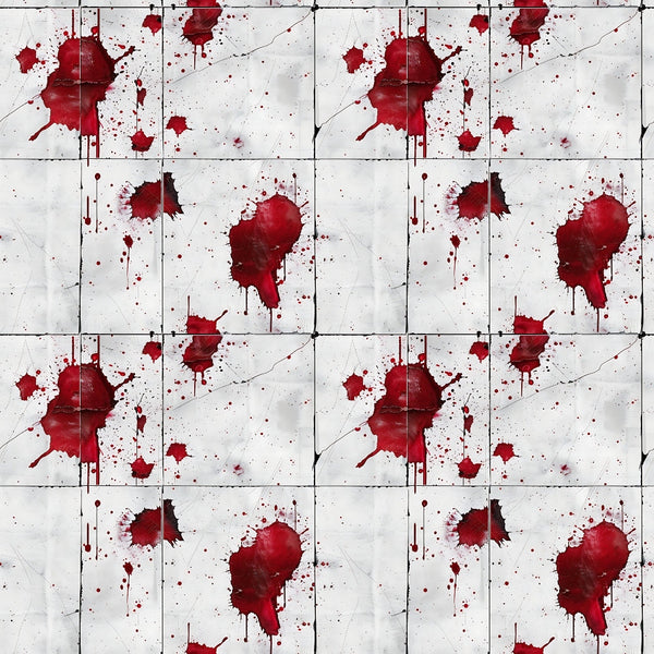 A pattern of red paint splatters on a white background, arranged in a grid layout.