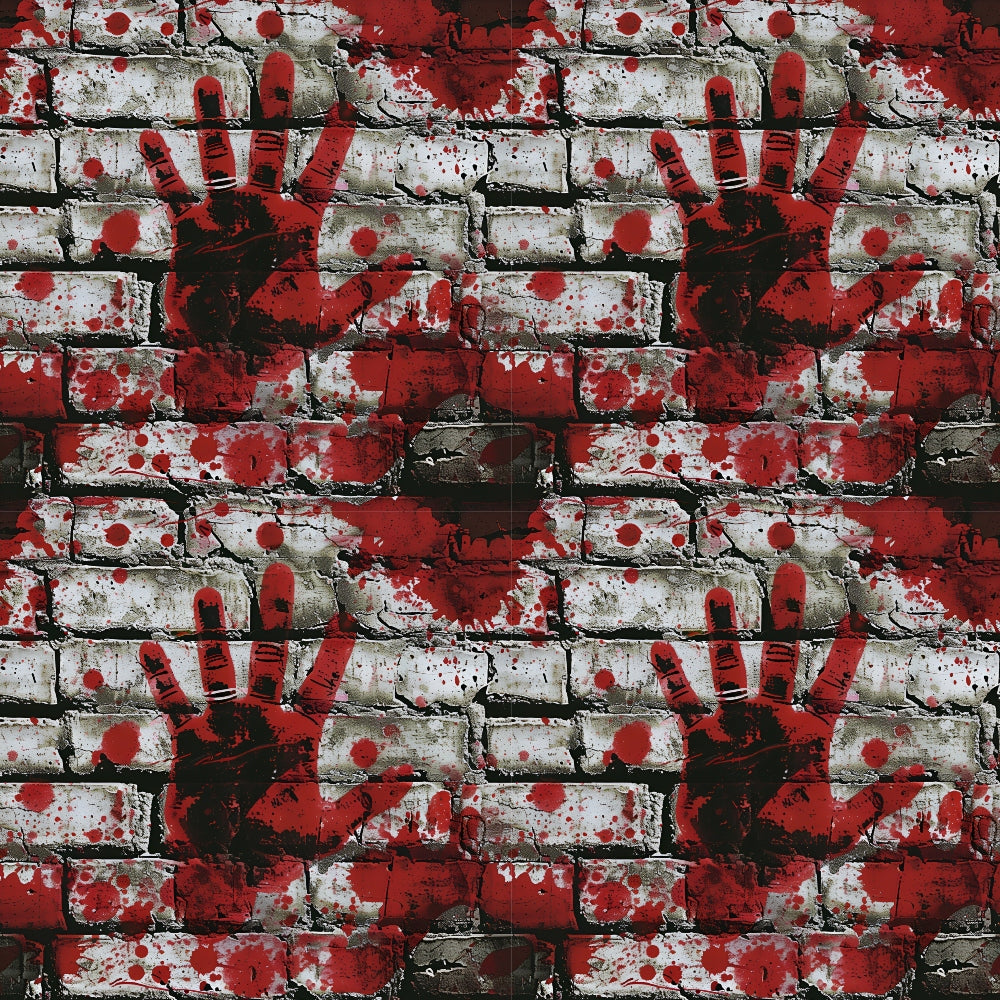 A pattern of red handprints and splatters on a white brick wall.