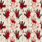 Repeating pattern of handprints and paint splatters in red and black on a light background.