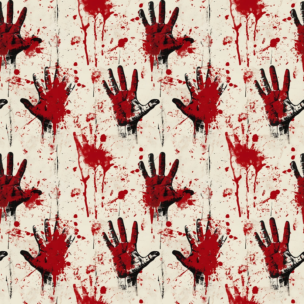 Repeating pattern of handprints and paint splatters in red and black on a light background.
