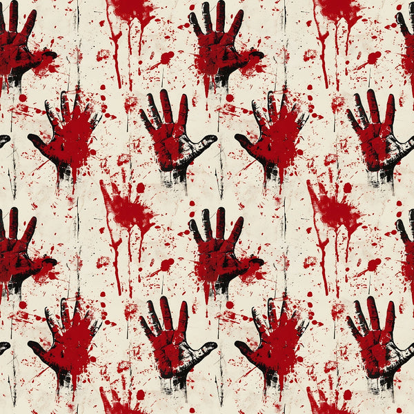 Repeating pattern of handprints and paint splatters in red and black on a light background.