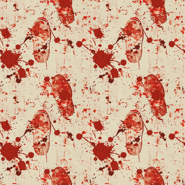 Pattern of red skull, brain, and splatter designs on a beige background.