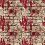 A brick wall pattern with red handprints and splatters, creating a gritty, urban art texture.