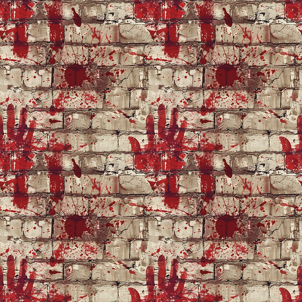 A brick wall pattern with red handprints and splatters, creating a gritty, urban art texture.