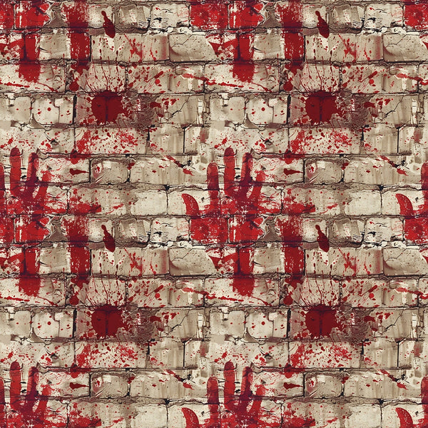 A brick wall pattern with red handprints and splatters, creating a gritty, urban art texture.