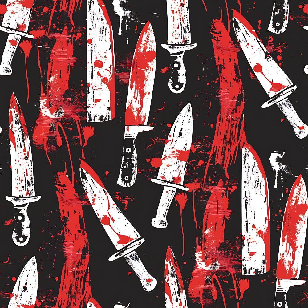 Pattern of various knives with red splatter on a black background.