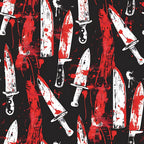 Pattern of various knives with red splatter on a black background.