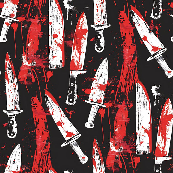 Pattern of various knives with red splatter on a black background.
