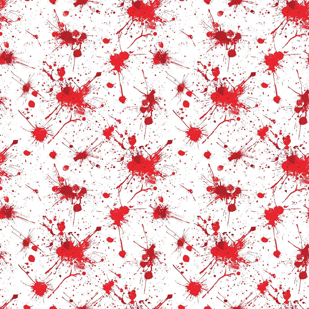 White background with red paint splatters scattered across the surface, creating a random pattern resembling drops and stains.