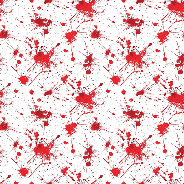 White background with red paint splatters scattered across the surface, creating a random pattern resembling drops and stains.