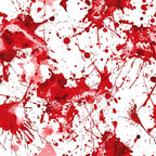 Red paint splatters and drips on a white background, creating an abstract pattern with various shapes and intensities.