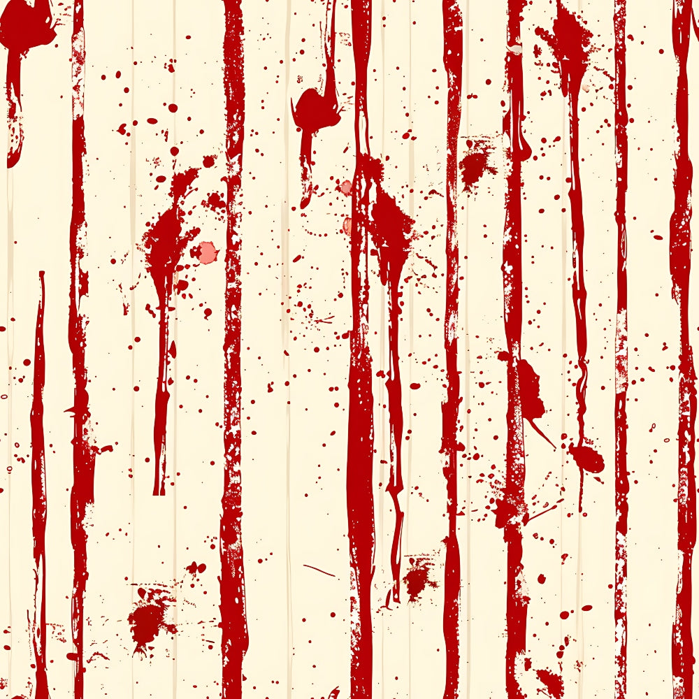 Red paint drips and splatters vertically on a beige surface, creating an abstract pattern.