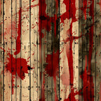 Abstract artwork featuring vertical wooden planks with red and black paint splatters and smears on a beige background.