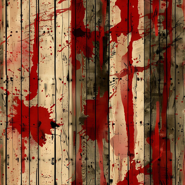 Abstract artwork featuring vertical wooden planks with red and black paint splatters and smears on a beige background.