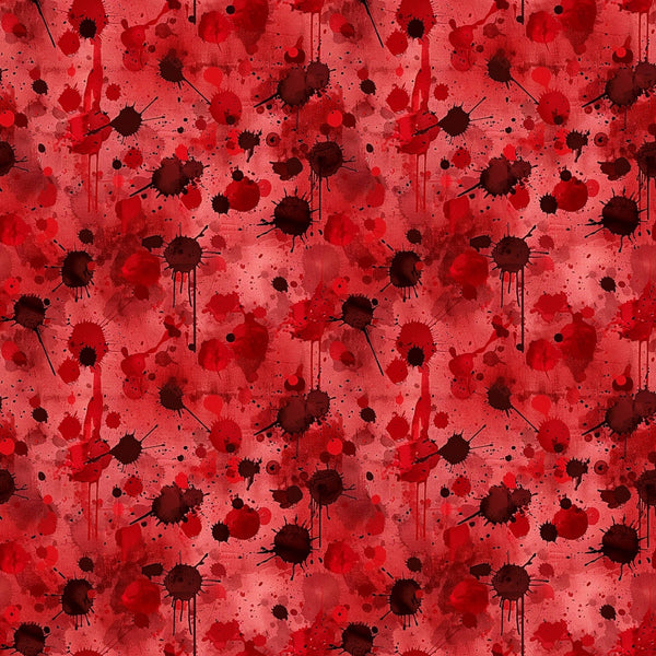 A pattern of red and black watercolor splatters on a textured background.