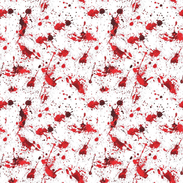 A white background with red paint splatters randomly distributed across the image, resembling abstract art.