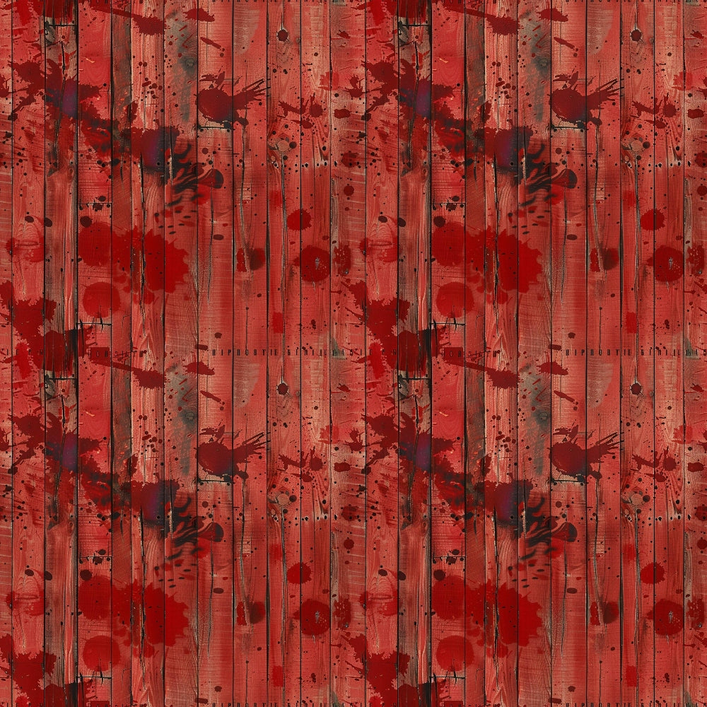 A wooden surface with vertical planks is heavily splattered with dark red paint, creating a stained and textured pattern.