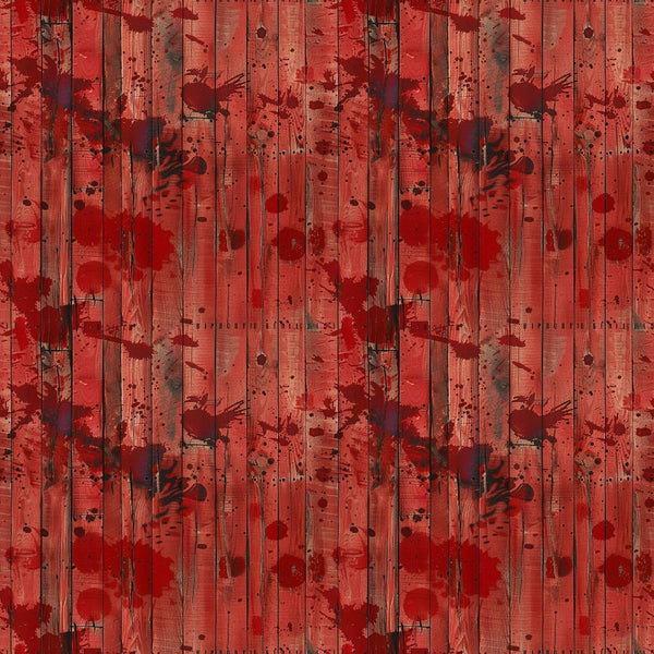 A wooden surface with vertical planks is heavily splattered with dark red paint, creating a stained and textured pattern.