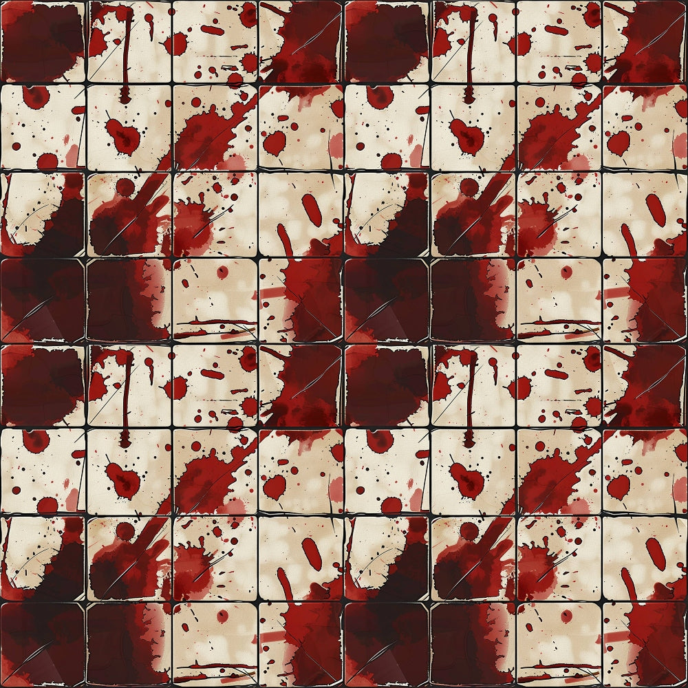 Pattern of red and dark stains resembling splatters on a series of connected square tiles.