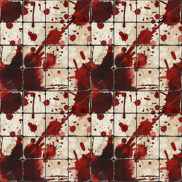 Pattern of red and dark stains resembling splatters on a series of connected square tiles.