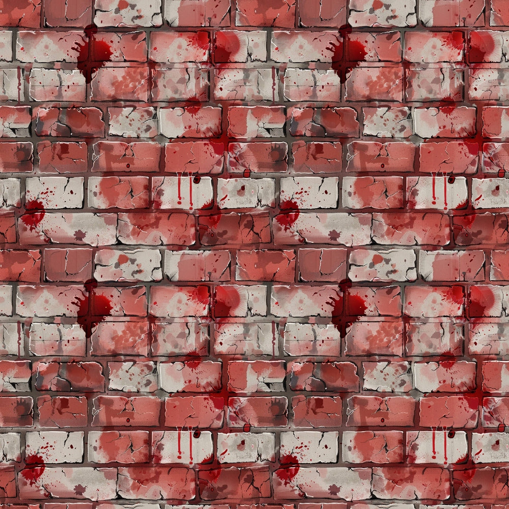 Patterned wall with red and gray bricks, featuring red paint splatters and drips, creating an abstract urban look.