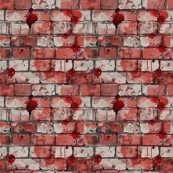 Patterned wall with red and gray bricks, featuring red paint splatters and drips, creating an abstract urban look.