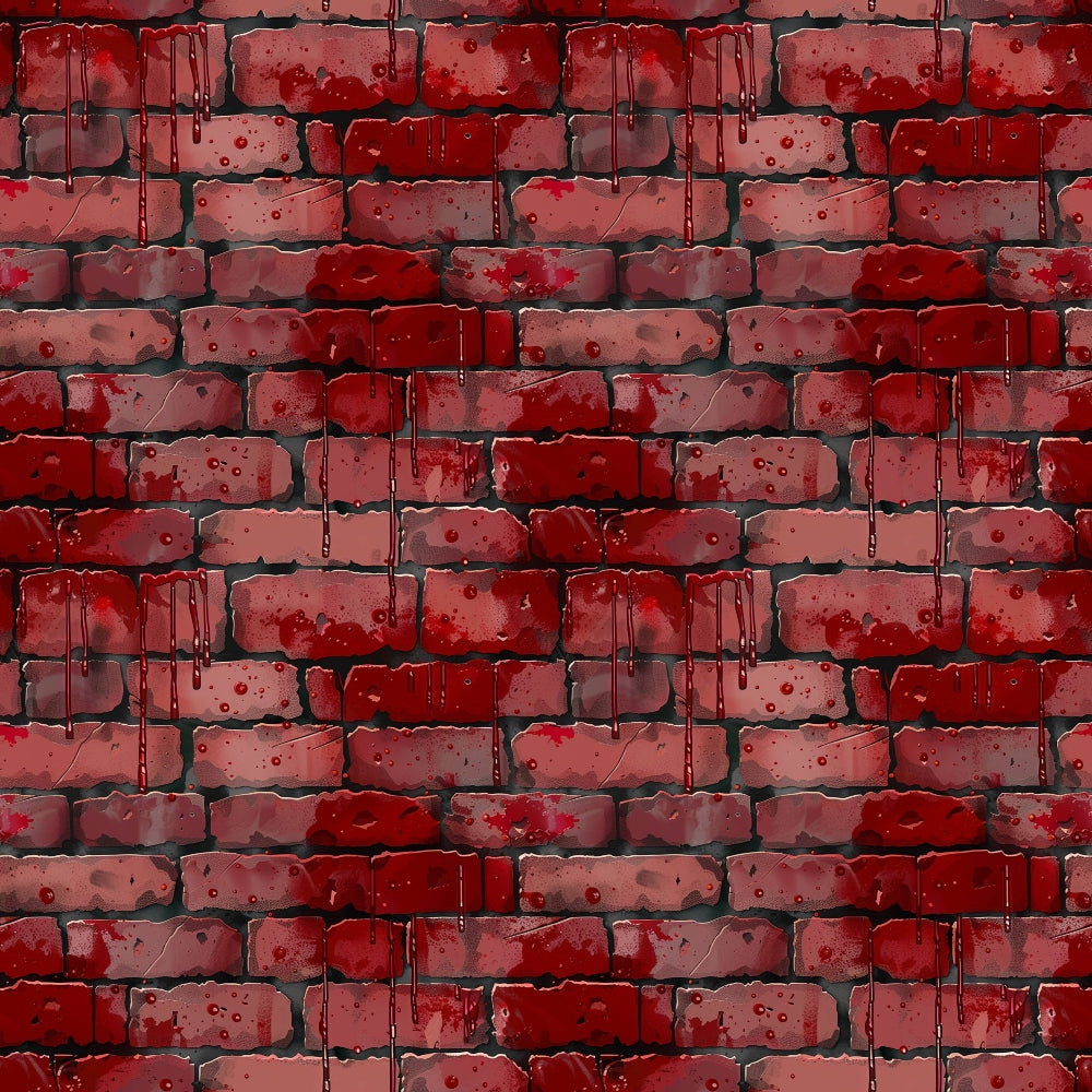 Pattern of red brick wall with dripping paint and dark stains.