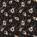 Abstract pattern of white and red starburst shapes on a black background.