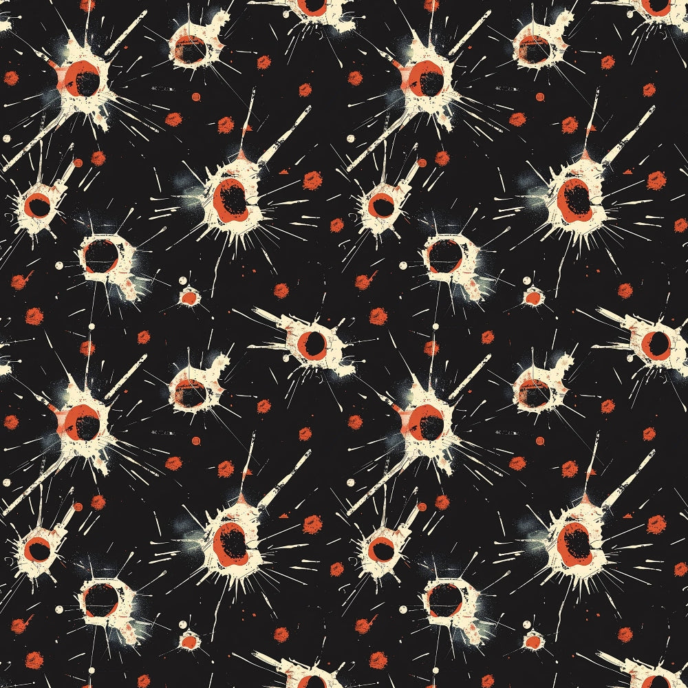 Abstract pattern of white and red starburst shapes on a black background.