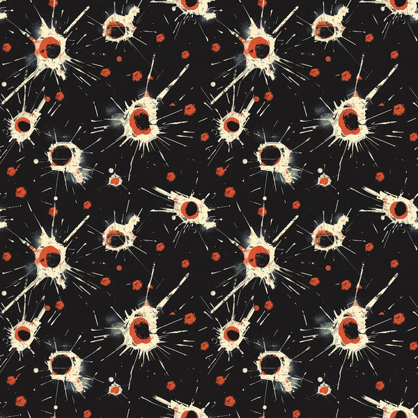 Abstract pattern of white and red starburst shapes on a black background.