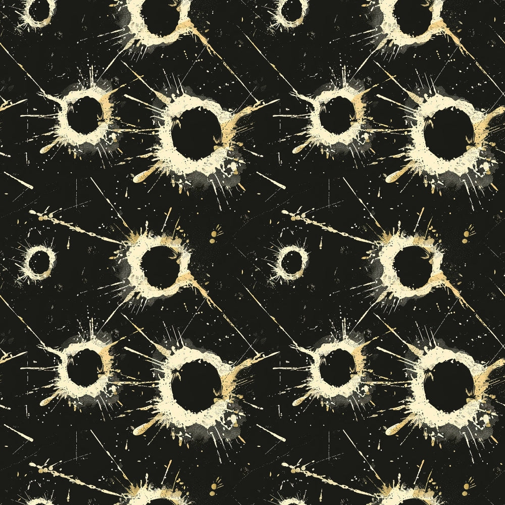 Abstract pattern of beige paint splatters with circular centers on a black background, arranged in a repeating grid.