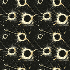 Abstract pattern of beige paint splatters with circular centers on a black background, arranged in a repeating grid.