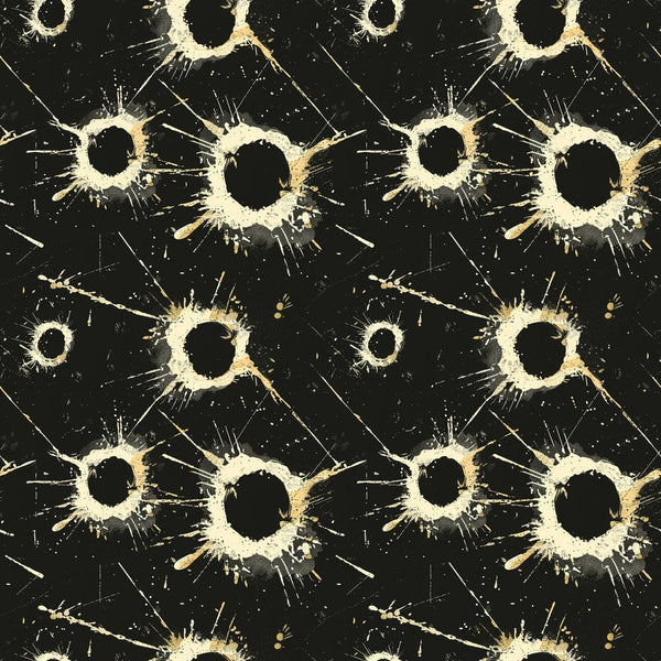 Abstract pattern of beige paint splatters with circular centers on a black background, arranged in a repeating grid.