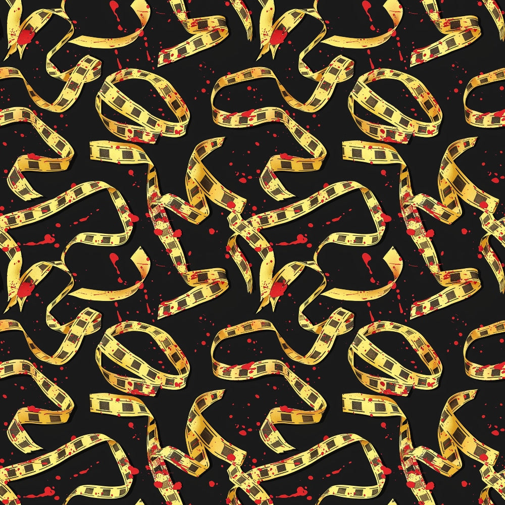 Pattern of yellow caution tape with red splatters on a black background.