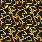 Pattern of yellow caution tape with red splatters on a black background.
