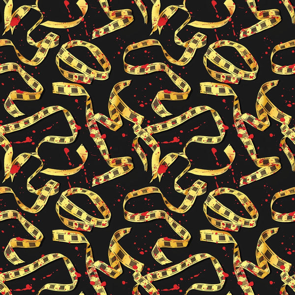 Pattern of yellow caution tape with red splatters on a black background.