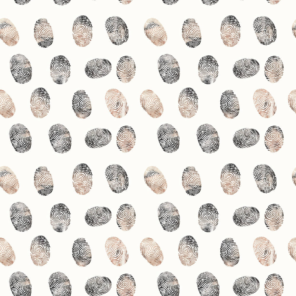 Pattern of fingerprint shapes in black and sepia on a light background, arranged in rows and columns.