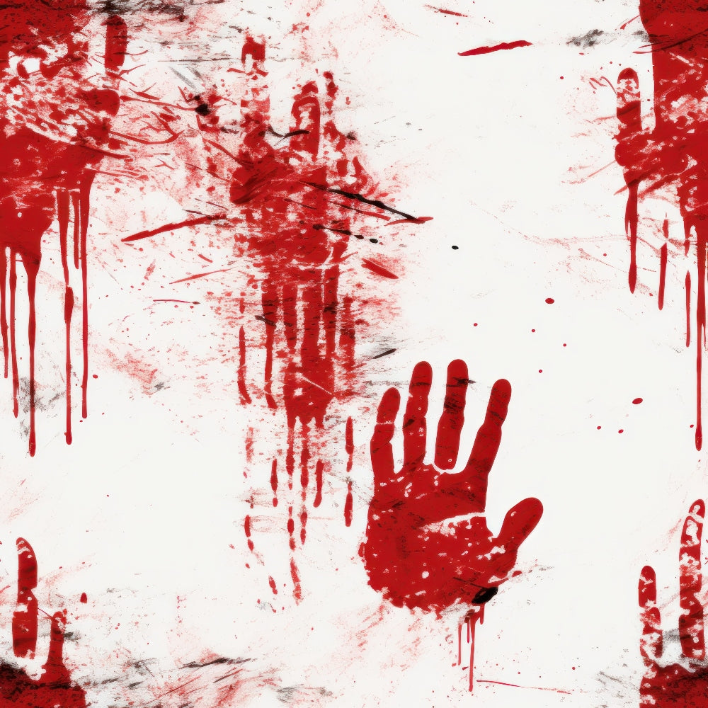 Red handprints and streaks resembling blood cover a white surface.