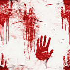 Red handprints and streaks resembling blood cover a white surface.