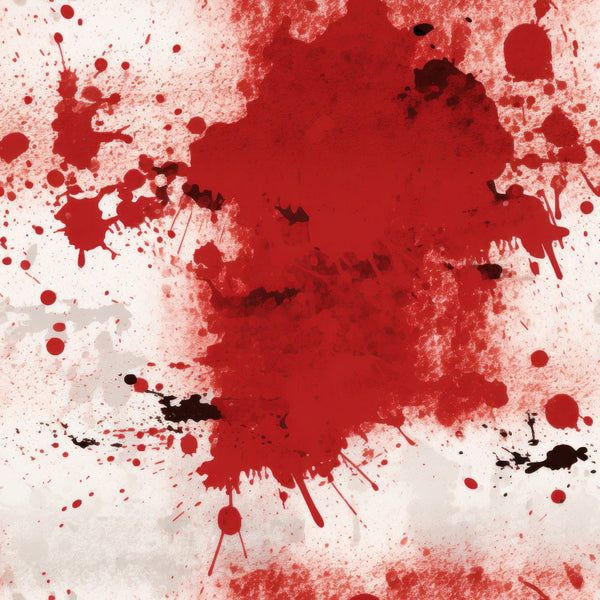 Abstract image featuring large red paint splatters and smaller black speckles on a white background.