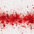 Red paint splatters spread horizontally across a white background, forming an abstract pattern.