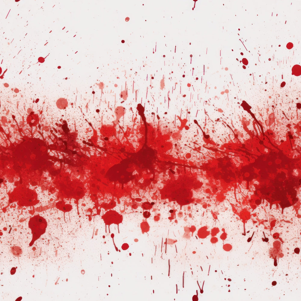 Red paint splatters spread horizontally across a white background, forming an abstract pattern.