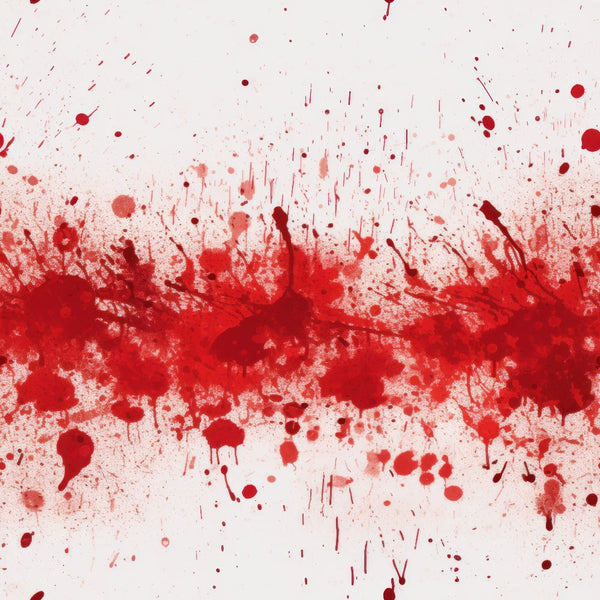 Red paint splatters spread horizontally across a white background, forming an abstract pattern.