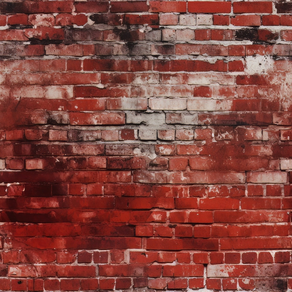 Weathered red brick wall with black and white stains.