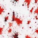Red and black paint splatters on a white background, creating a chaotic and abstract pattern.