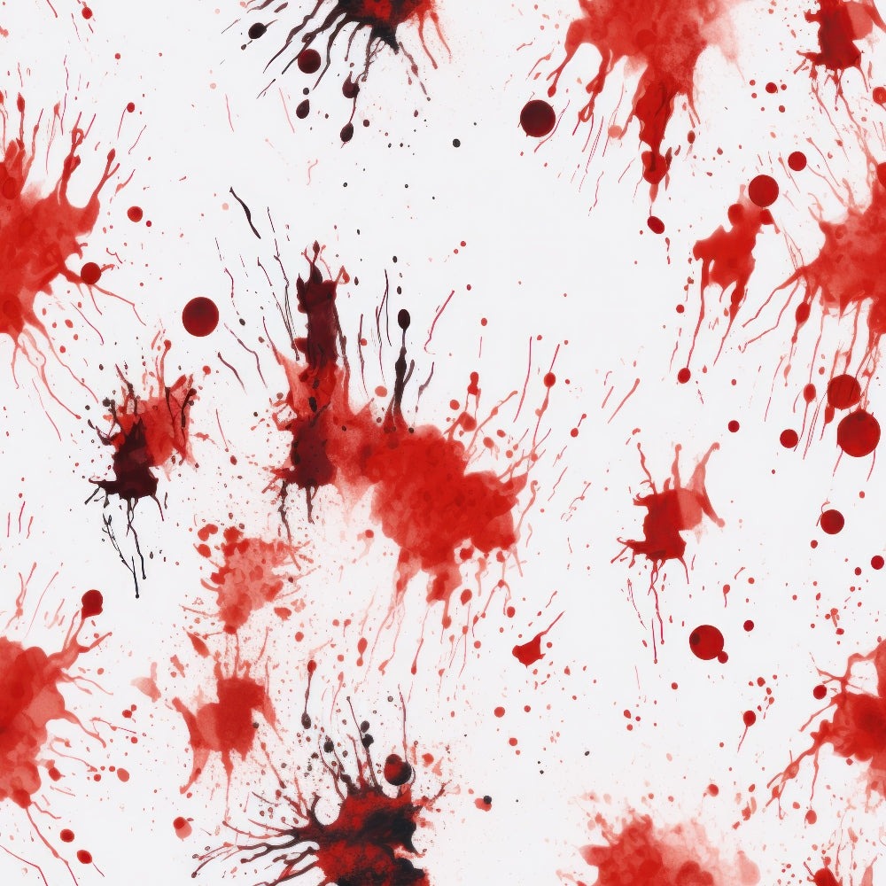 Red and black paint splatters on a white background, creating a chaotic and abstract pattern.