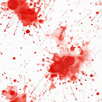 Red paint splatters on a white background, creating an abstract pattern with varying sizes of droplets and streaks.