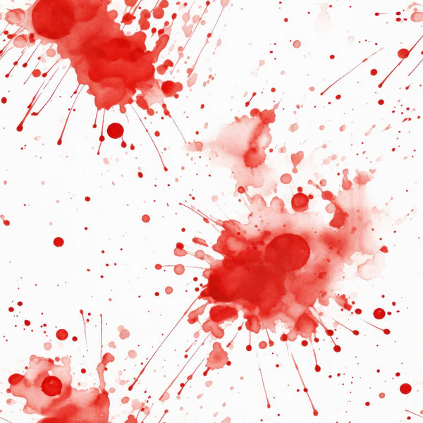 Red paint splatters on a white background, creating an abstract pattern with varying sizes of droplets and streaks.
