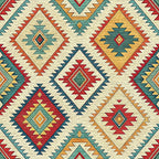 turkish kilim, geometric pattern, diamond motifs, aztec design, tribal pattern, rust red, teal blue, cream beige, golden yellow, orange accents, southwestern style, ethnic design,, fabric panel, repetitive motifs, angular shapes, woven texture appearance, bohemian style, folk art pattern, earthy tones